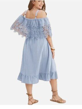 Bloomchic Off Shoulder Lace Pockets Ruffle Hem Cotton Dress 2X/3X (22/24) Blue